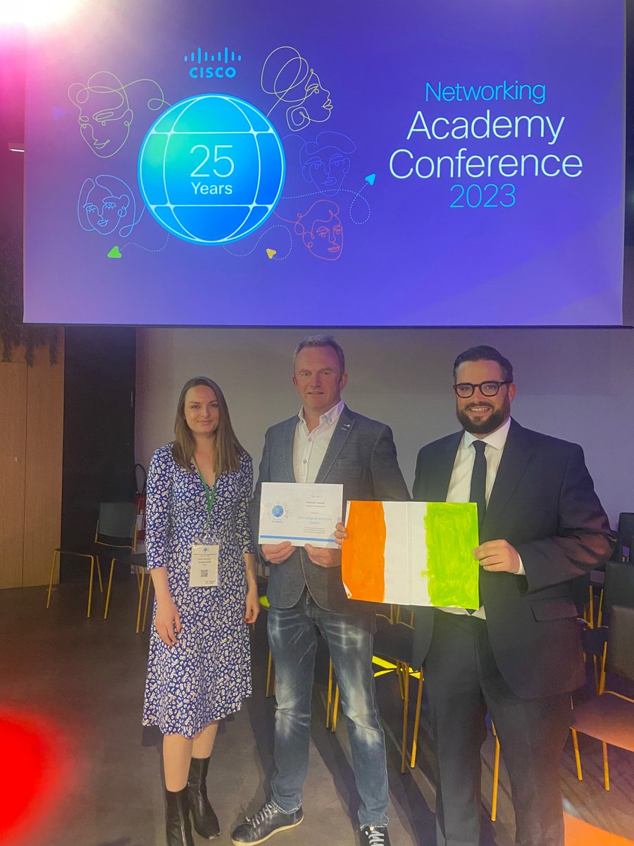 elizabethbarr97's tweet image. Presenting @TUDublin_BN their Premier+ award with @armand_leblois. The highlight being the flag transported over from Ireland that was made specially by @TomNolan_ ‘s daughter! 

#netacad #cisconetworkingacademy #impact #ireland