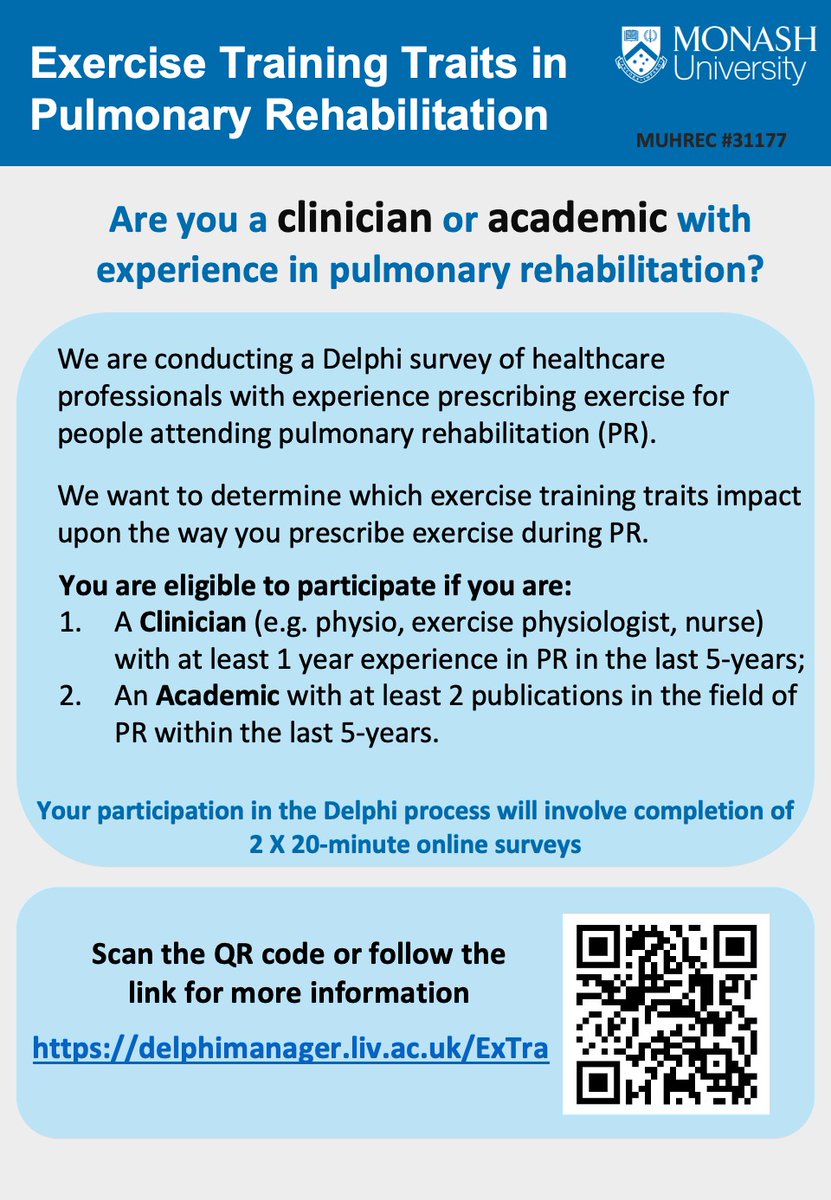 **Calling #HCPs with experience prescribing exercise in #pulmonaryrehab**

We are conducting a Delphi survey to help develop publicly accessible personalised #treatabletraits focused exercise protocols. Tell us which traits are important to you. Register: delphimanager.liv.ac.uk/ExTra