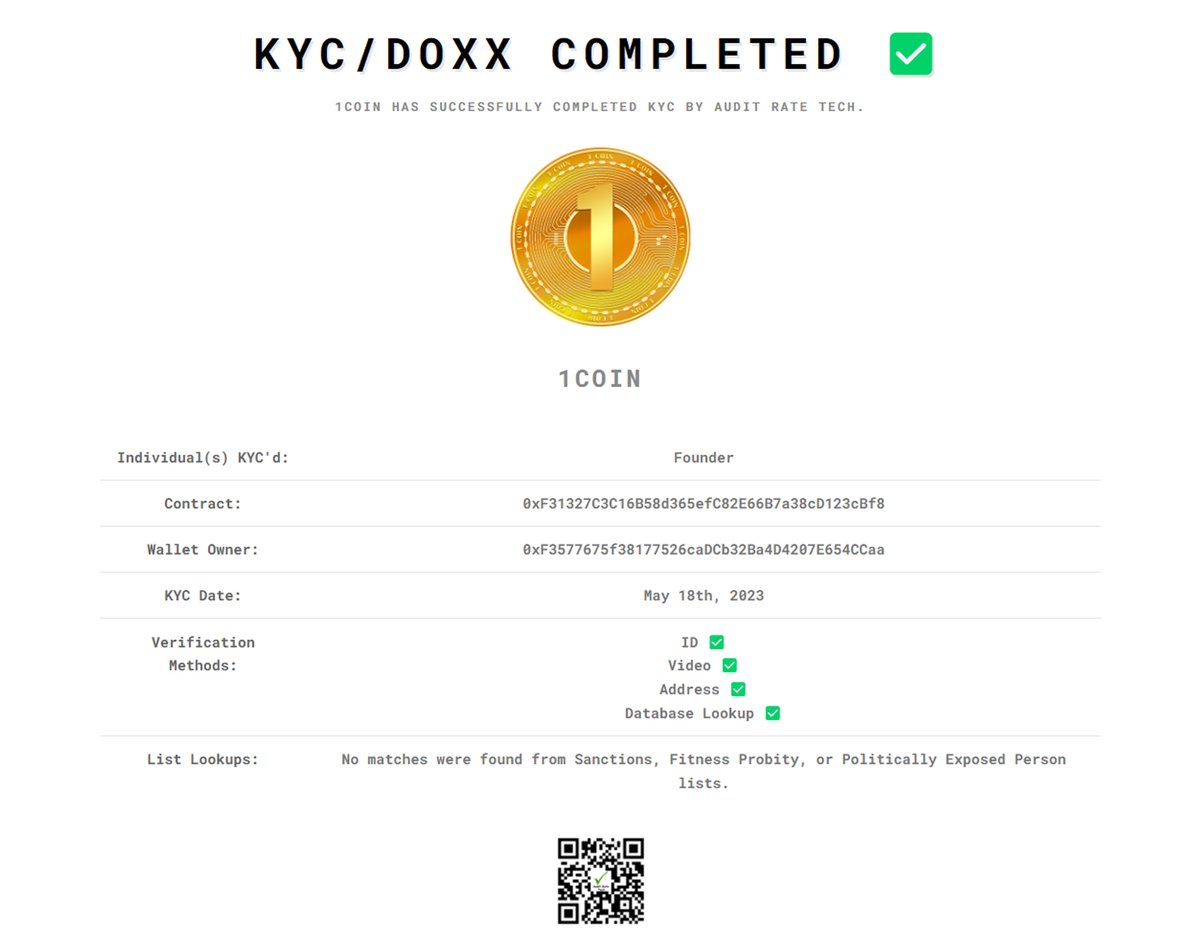 Audit Rate Tech complete KYC verification 1COIN(1COIN). You can find it in our Telegram group t.me/auditratetech/. 
@1coinworld