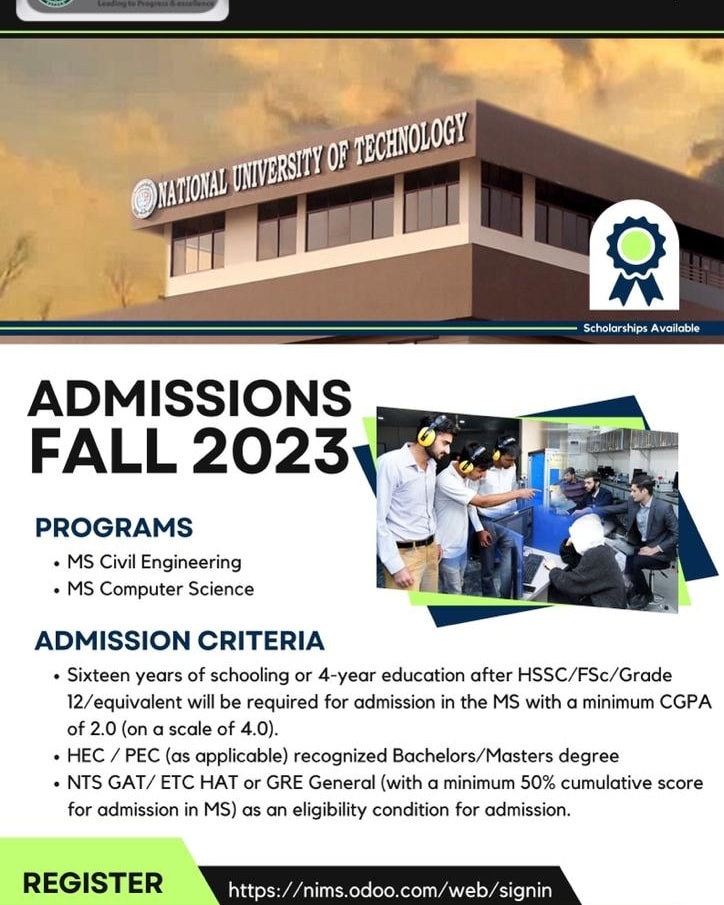 NUTechPak's tweet image. Online Registration for Admission in MS program
pg-admission.nutech.edu.pk:8069/web/login
#mscomputerscience
#mscivilengineering
#national
#university
#technology