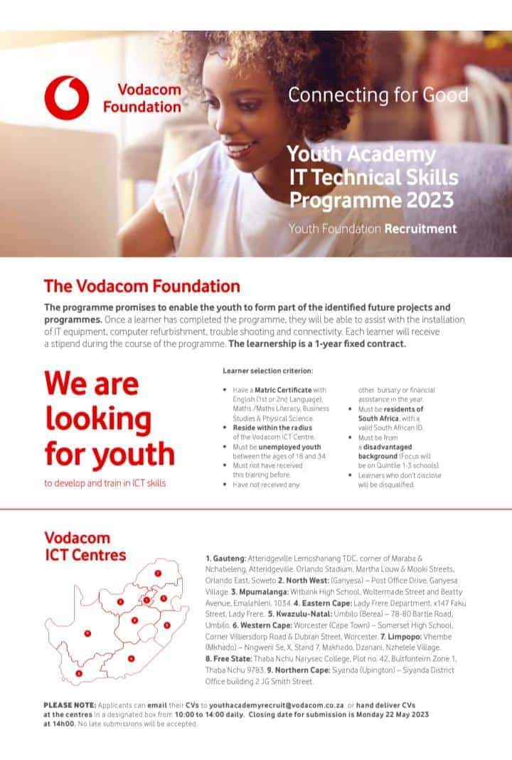 comforttenyeko's tweet photo. Vodacom has an IT  Technical Skills program 2023❗❗❗

Requirements
Matric
Recides within the radius of of Vodacom ICT centers
Unemployed 18-34

Closing 22 May 2023

Email youthacademyrecruit@vodacom.co.za

Or Hand-deliver at your nearest vodacom center. https://t.co/CVuuthhPmS