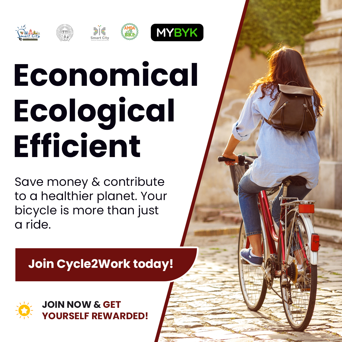 Save money on fuel, parking, and gym memberships by choosing to #Cycle2Work.

It's a win for you, a win for your health, and a win for our planet!

Click bit.ly/3M6pN86 to join!

#EcoFriendlyCommute #SmartCityAhmedabad #Ahmedabad