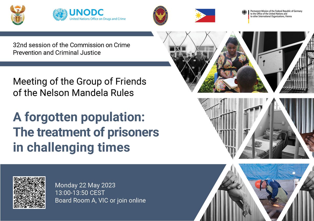 ph_meissner's tweet image. 📢 #SaveTheDate!

Join the meeting of the Group of Friends of the Nelson #MandelaRules during next week's @CCPCJ for a discussion on the treatment of #prisoners in challenging times. 

Join us in person or online 🖥️ bit.ly/Group-of-Frien…

#CCPCJ32