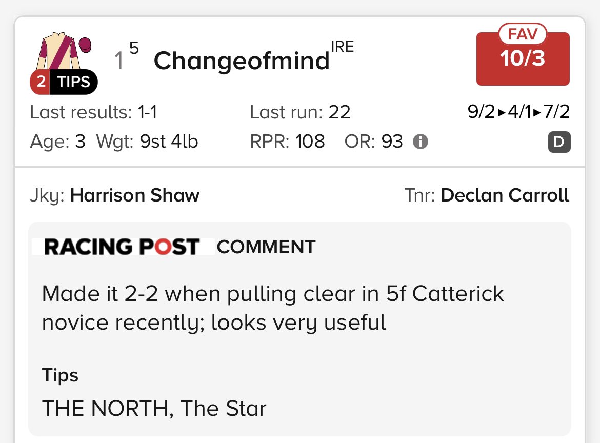 One ride today @yorkracecourse #Changeofmind runs at 4.10pm for @declan_carroll the very best of luck to @mlcooney82 The Cooney family #HS #goodluck 🐎🐎🤞🤞🍀🍀