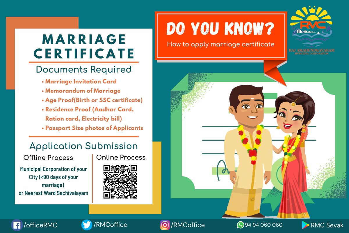 RMCoffice's tweet photo. Attention, residents of Rajamahendravaram!
Here's the procedure on how to apply for your Marriage Certificate. Do you want to more certificate procedures to post here on this page? Comment and let us know. #MarriageCertificate #Rajamahendravaram #MarriageApplication https://t.co/zZwh1BnXCZ
