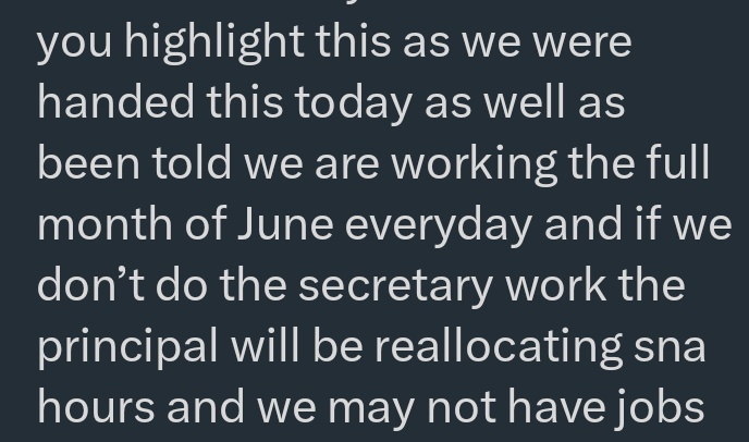 lindaosull88's tweet photo. #JuneWorking
Principals do me a favour and DO NOT threaten SNAs with hours being cut or job losses if they don't comply with being asked to do meaningless tasks as part of June working. Members, please let reps know if you are experiencing this.
#RespectForSNAs https://t.co/ULeJD0dvaV