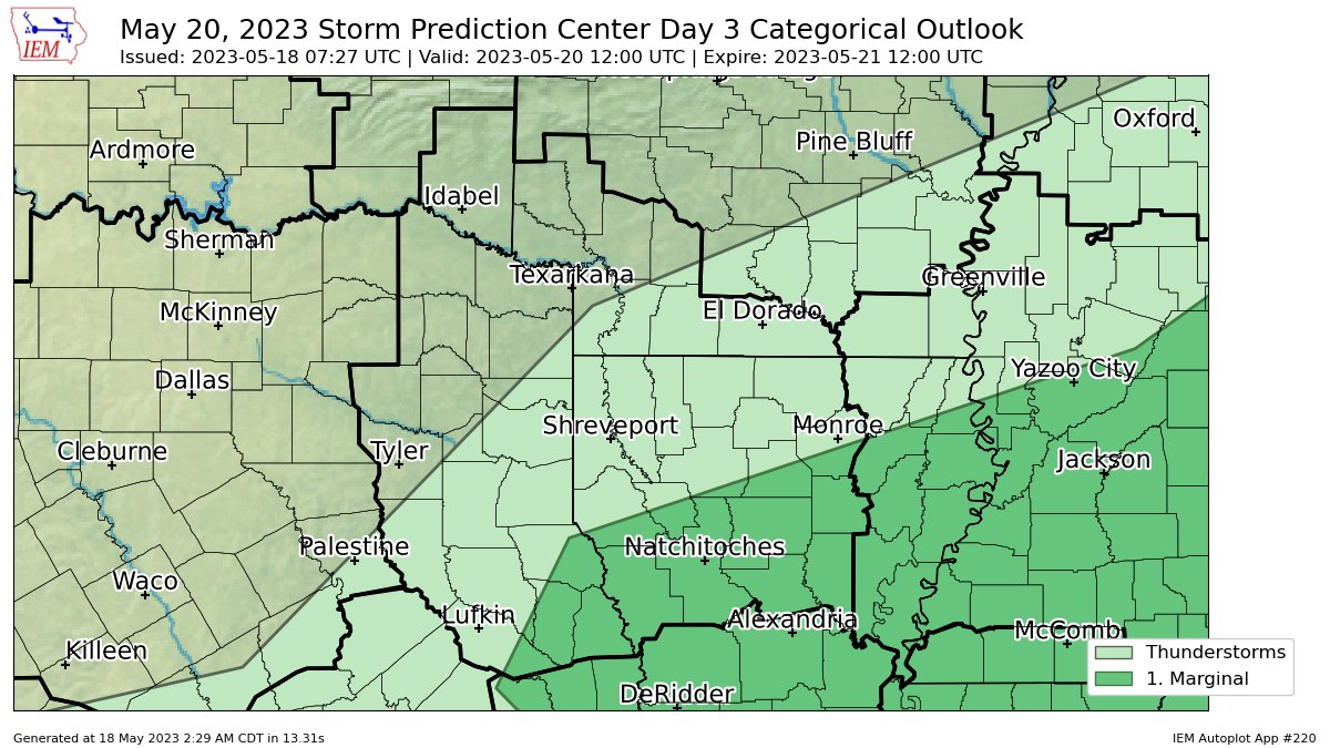 SPC issues Day 3 Marginal Convective Risk at May 18, 7:27z for SHV spc.noaa.gov/products/outlo…