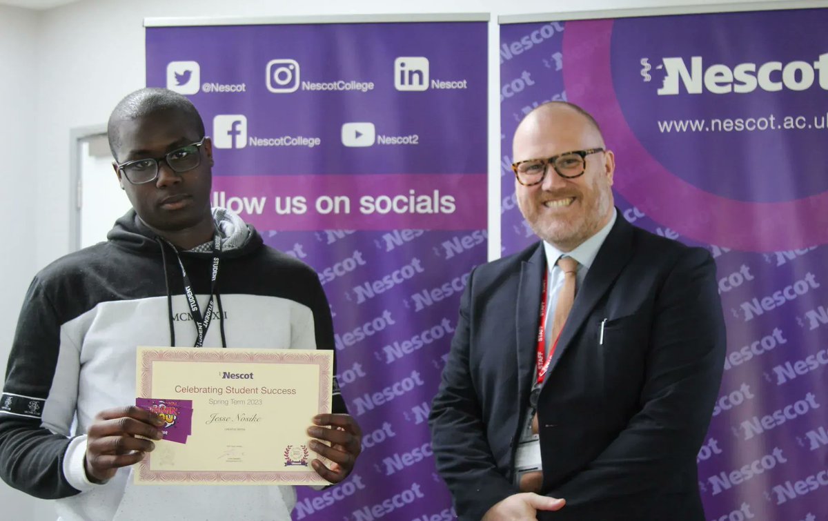 Meet Jesse, our Student of the Term in Creative Media. His tutor says 'Jesse never fails to bring joy into the classroom.'

Read more about our fantastic students bit.ly/3HDjyWC 

#Nescot #Creativemedia #Students #Awards