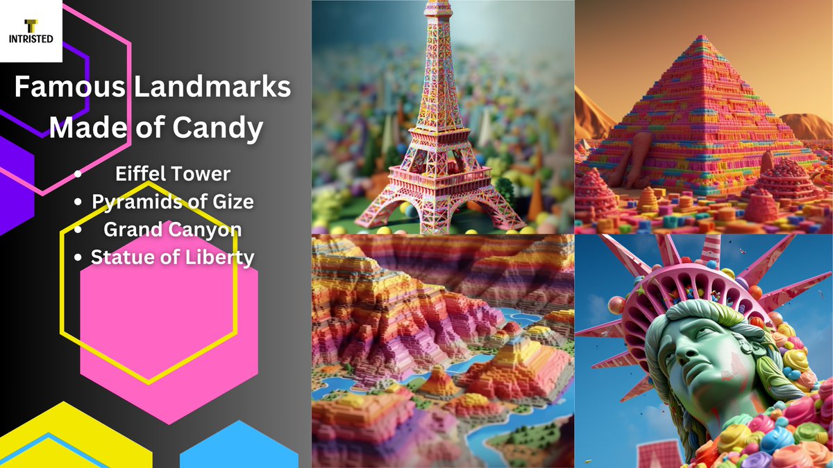 TristanSTEM's tweet photo. Famous Landmarks reimagined in the style of Candyland🍬🍫
#AI #Midjourney #Chatgpt #Candyland #Candy #Sweets #AIart #AIArtwork #eiffeltower #Pyramids #grandcanyon #statueofliberty #touristattractions #AIdesign #travelwithAI #worldlandmarks #openai #GenerativeAI https://t.co/J8mU0z70SX