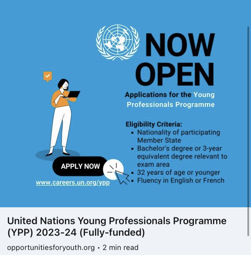 opportunitiesfy's tweet photo. π£ Calling all young, talented professionals! π The UN Young Professionals Programme (YPP) application is now open! π Don't miss out - apply by June 29, 2023. ποΈ Check it out https://t.co/hkjlrF1CsM #UNYPP #CareerOpportunity #GlobalImpact #MakeADifference #WorkForUN #youth https://t.co/npGfqir7pL