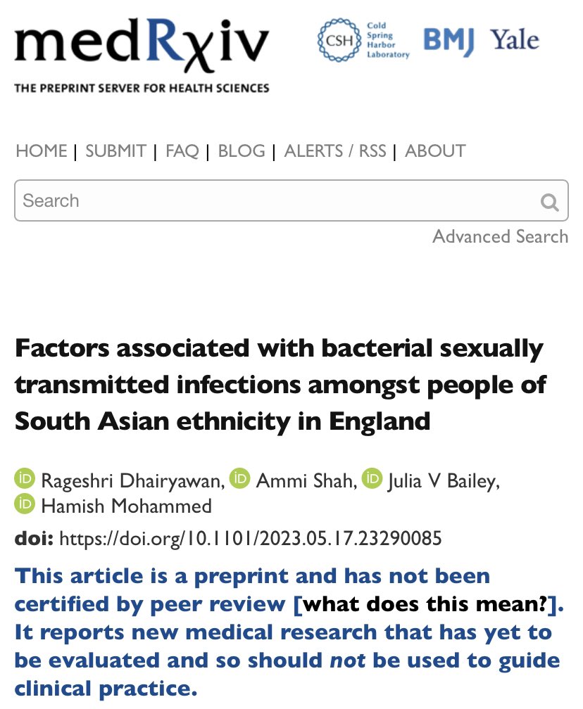 Dr Rageshri Dhairyawan (@crageshri) on Twitter photo 📣**NEW STUDY** 📣
Delighted to present:
‘Factors associated with bacterial STIs amongst people of South Asian ethnicity in England’ on behalf of coauthors Ammi Shah <a href="/juliavbailey/">Julia Bailey</a> & Hamish Mohammed!
This is a preprint & not yet peer reviewed /1
medrxiv.org/cgi/content/sh… 📣**NEW STUDY** 📣
Delighted to present:
‘Factors associated with bacterial STIs amongst people of South Asian ethnicity in England’ on behalf of coauthors Ammi Shah <a href="/juliavbailey/">Julia Bailey</a> & Hamish Mohammed!
This is a preprint & not yet peer reviewed /1
medrxiv.org/cgi/content/sh…