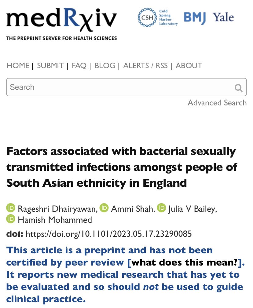 📣**NEW STUDY** 📣 Delighted to present: ‘Factors associated with bacterial STIs amongst people of South Asian ethnicity in England’ on behalf of coauthors Ammi Shah @juliavbailey & Hamish Mohammed! This is a preprint & not yet peer reviewed /1 medrxiv.org/cgi/content/sh…