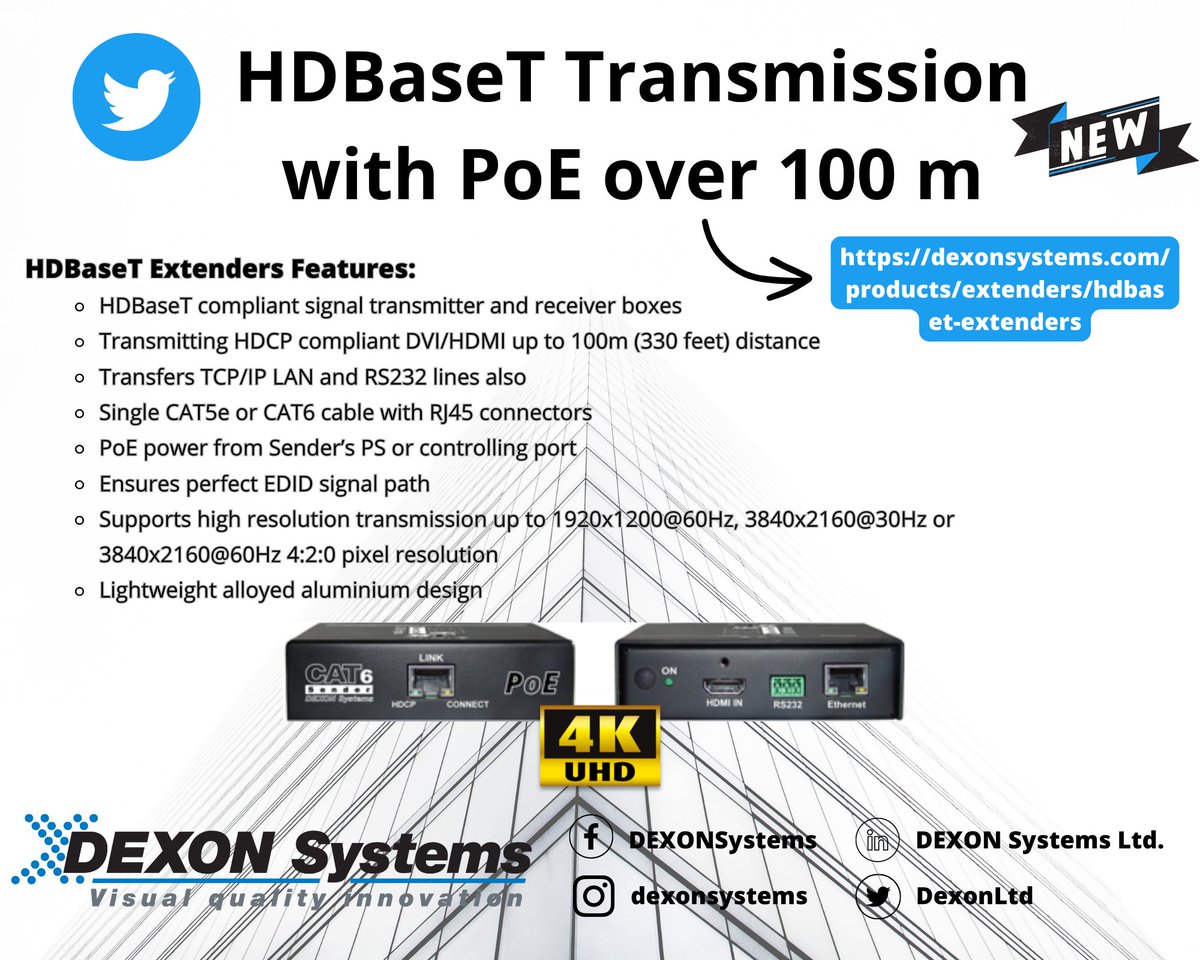 DexonLtd's tweet image. We are happy to announce our new DCATPoE HDBaseT Extender products, with immediate delivery. You can find out more information about it! 👉dexonsystems.com/products/exten…

#DEXONSystems #4K60 #videowallcontroller #Twitter #newpost #products #HDBaseT #Transmission #PoE #DCATS #4K