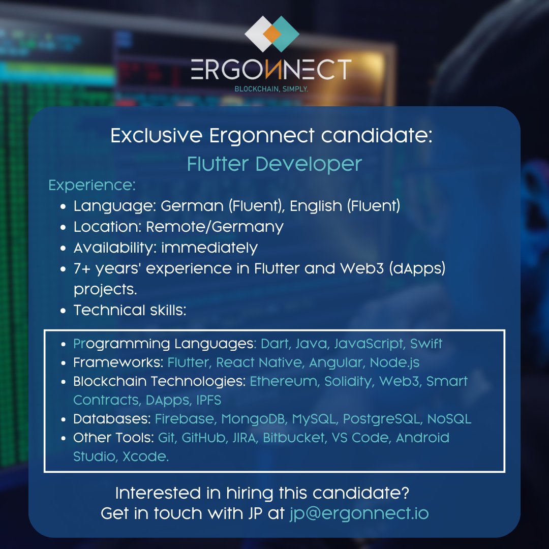 Ergonnect1's tweet photo. It’s time for this week’s candidate spotlight!

Interested in hiring either of these candidates, or looking for someone similar? Reach out to JP and the team at contact@ergonnect.io

#hiring #blockchain #web3 #crypto #fintech #ecommerce https://t.co/iA3QSh6sdW