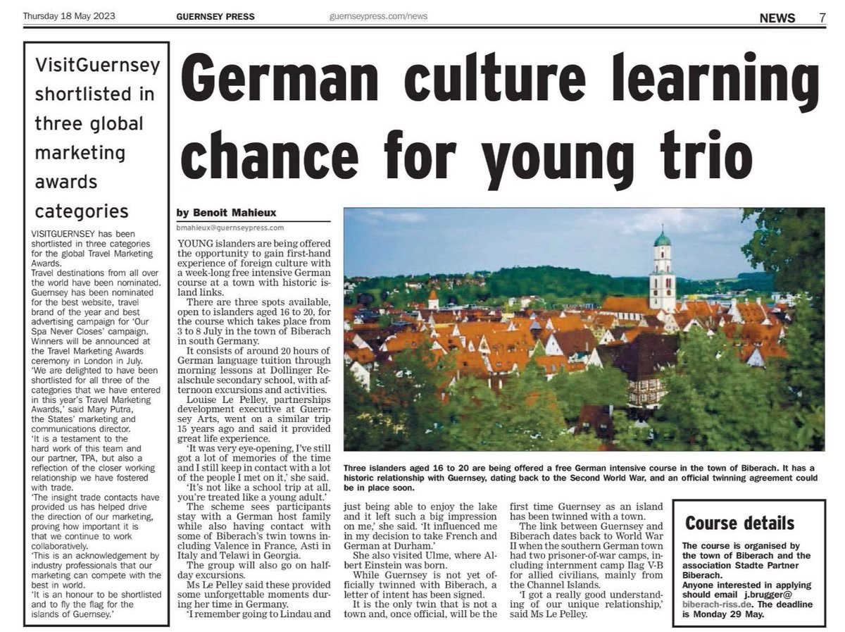 betley's tweet photo. Interested in learning German, in Germany, for free? Great piece in the @GuernseyPress about the exciting opportunity for 3 local students to take part in an intensive language course in #Biberach in July. Know anyone you think might be interested? @GermanEmbassy @GI_London1 https://t.co/ZrkYiT0hnu