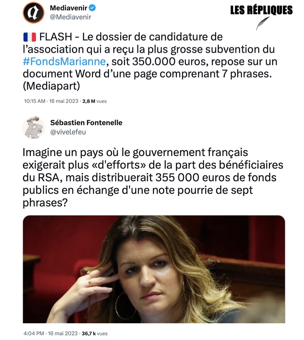 Les_Repliques's tweet photo. "Sujets traités : islamisme, apologie du terrorisme, thèses islamo-gauchistes et indigénistes, racisme, homophobie, misogynie et antisémitisme, défense du cadre républicain et de la laïcité" est l'une des sept phrases présentées par l'USEPPM pour recevoir le #FondsMarianne 

@vivelefeu