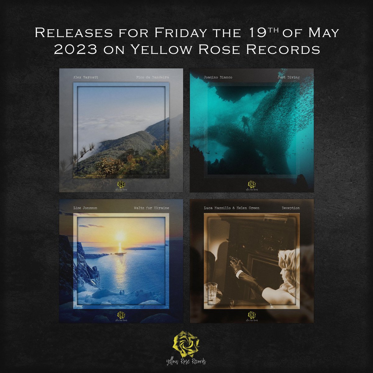 We are proud to announce an absolutely amazing batch of releases coming out tomorrow!!!

Alex Varmatt - Pico da Bandeira
Joaqino Bianco - Just Diving
Lise Jonsson - Waltz for Ukraine
Luca Mazzillo And Helen Green - Deception

#ModernClassical 
#SoloPiano 
#Relaxing 
#Peaceful