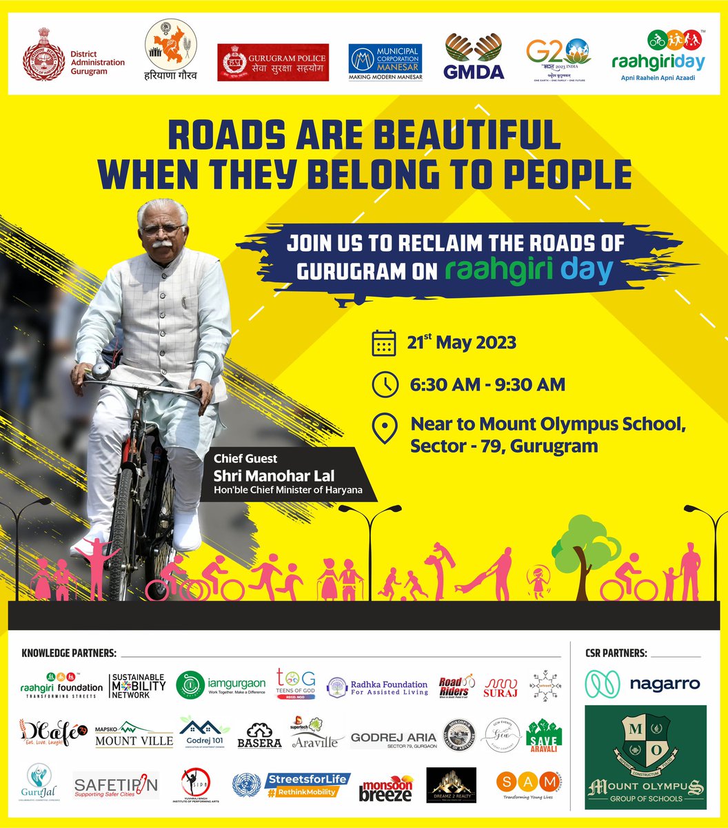 Just 3 days to go… ⏱️ Raahgiri Day is back in Gurugram, this Sunday from 6:30 - 9:30 a.m. and we are joined by @mlkhattar as our chief guest for the event! Bring your friends and family, and reclaim your streets! 🚶‍♀️ 🚴‍♀️ 🏃‍♂️ #RethinkMobility @DC_Gurugram @OfficialGMDA