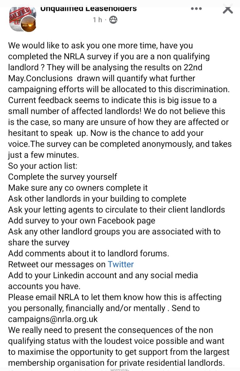 ***Call to action***
All non qualifying leaseholders! 
The survey closes on 19th May.  Have your say! 
Get involved, see the request below. 
nrla.org.uk/news/building-…
@EOCS_Official @NRLAssociation  #AbolishNonQualifyingLH #claddingscandal #grenfell 
nrla.org.uk/news/building-…