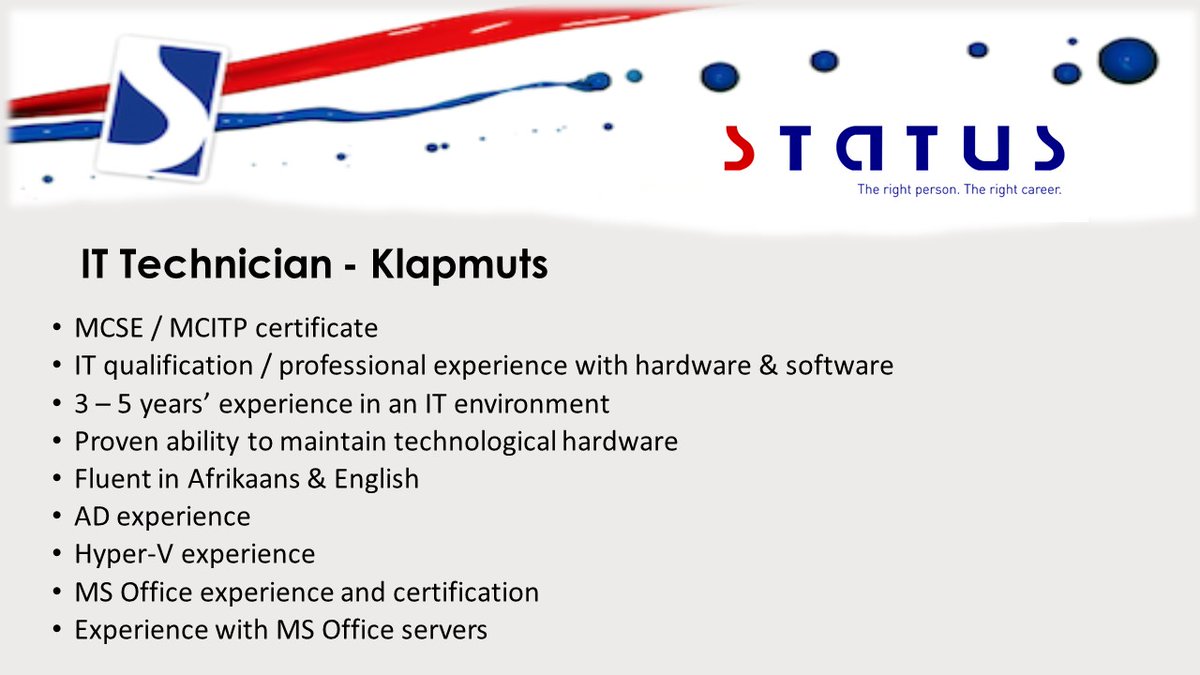 StatusStaffing's tweet image. IT   Technician with MCSE / MCITP Certificate and 3 - 5 years&apos; experience in an IT   environment   placementpartner.co.za/wi/vacancy/?id…   #Hyper-V #IT #MCITP #MCSE #StatusStaffing