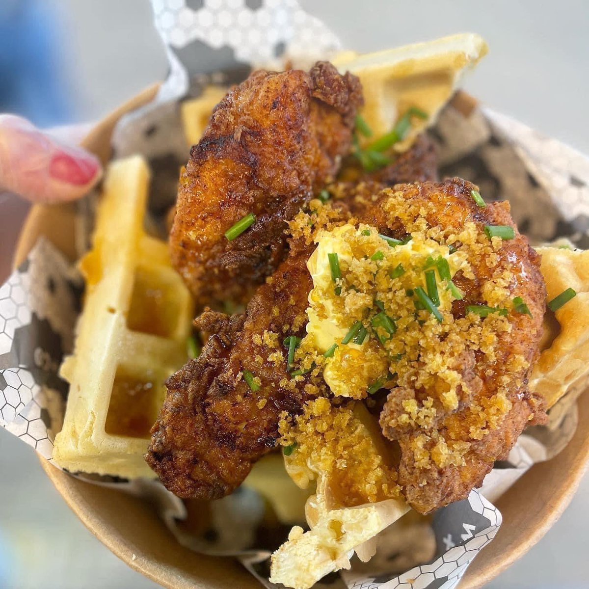Corporate lunching today looks a million miles from the ‘olden days’ 

Buttermilk-marinaded chicken tenders smothered in real maple syrup, whipped chive butter and Frazzle crumb served on a fresh and homemade waffle. 

Cheeky beer too?