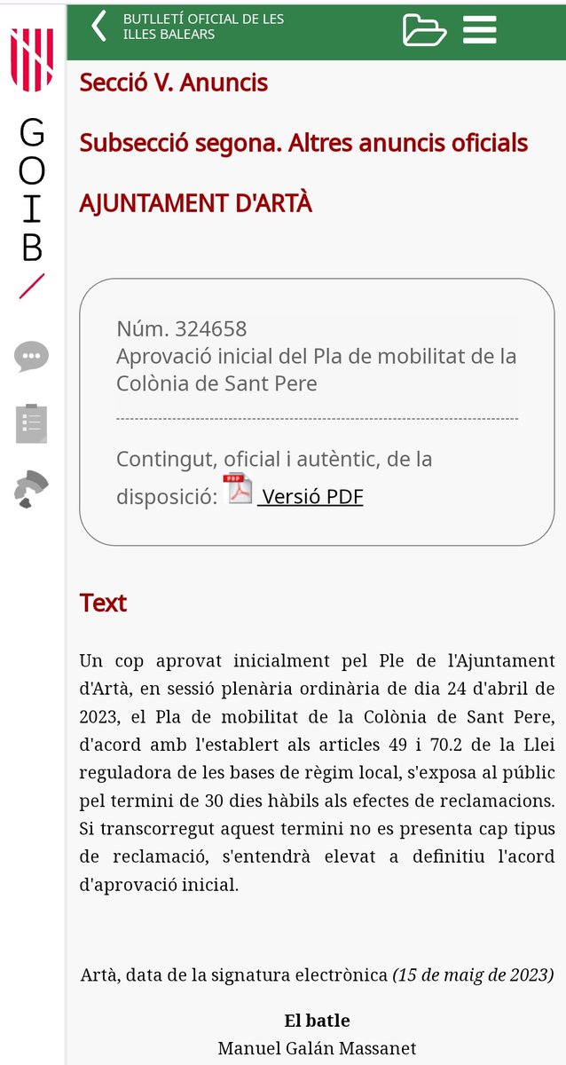 AlternativaArta's tweet photo. #ArtàalBOIB #PMUS
Al #BOIB d'avui, número 066:
"Aprovació inicial del Pla de mobilitat de la #ColòniadeSantPere.
S'exposa al públic pel termini de 30 dies hàbils als efectes de reclamacions."
https://t.co/i3fjUC3A4K
Es pot consultar aquí:
https://t.co/HX1yW5SCrC https://t.co/DgGNlacwuI