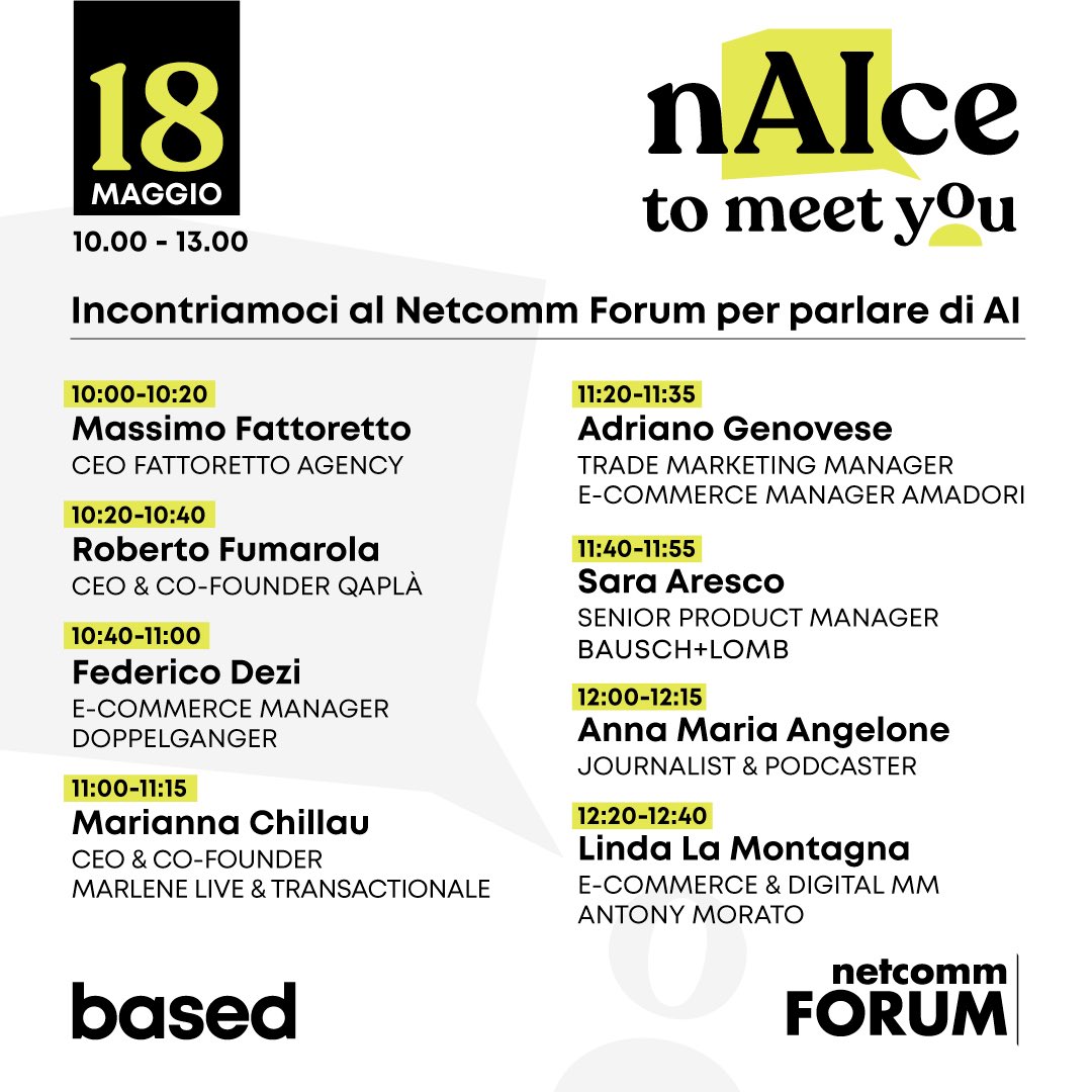 basedigitale's tweet photo. Oggi passa dal nostro corner speech #nAIcetomeetyou dove incontreremo alcuni professionisti per approfondire il tema dell'AI   ⏰ Orario: dalle 10 alle 13 📍 Luogo: Stand L 10, MiCo Nord - Livello +1 
#based #ai #IntelligenzaArtificiale https://t.co/qaOoNhrhJE