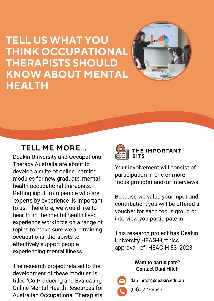 OT at Deakin (@deakinot) on Twitter photo What should occupational therapists should know about mental health? <a href="/Deakin/">Deakin University</a> & <a href="/otaust/">OTA</a> are developing learning resources. We want to hear from members of the peer workforce! Get in touch with <a href="/DanielleHitch/">Danielle Hitch</a> to find out more! <a href="/IHT_Deakin/">Institute for Health Transformation</a>
<a href="/genevieve_pepin/">Genevieve Pepin</a> <a href="/Rachel_King_1/">Rachel Knight</a> <a href="/OtKirk/">Kirk Reed 🇳🇿🏳️🌈</a> What should occupational therapists should know about mental health? <a href="/Deakin/">Deakin University</a> & <a href="/otaust/">OTA</a> are developing learning resources. We want to hear from members of the peer workforce! Get in touch with <a href="/DanielleHitch/">Danielle Hitch</a> to find out more! <a href="/IHT_Deakin/">Institute for Health Transformation</a>
<a href="/genevieve_pepin/">Genevieve Pepin</a> <a href="/Rachel_King_1/">Rachel Knight</a> <a href="/OtKirk/">Kirk Reed 🇳🇿🏳️🌈</a>
