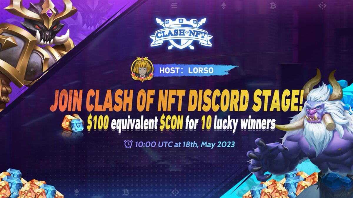 Clashofnft's tweet photo. Join #ClashOfNFT Discord Stage today!

👩🏼‍🦳Host: Lorso
⏰Time: 10AM UTC, May 18
🎠Venue: https://t.co/2Z9HqarkO2
🪙$100 worth of $CON

#Gamefi #NFT #P2E #Giveaway https://t.co/vBc0LvQUCO