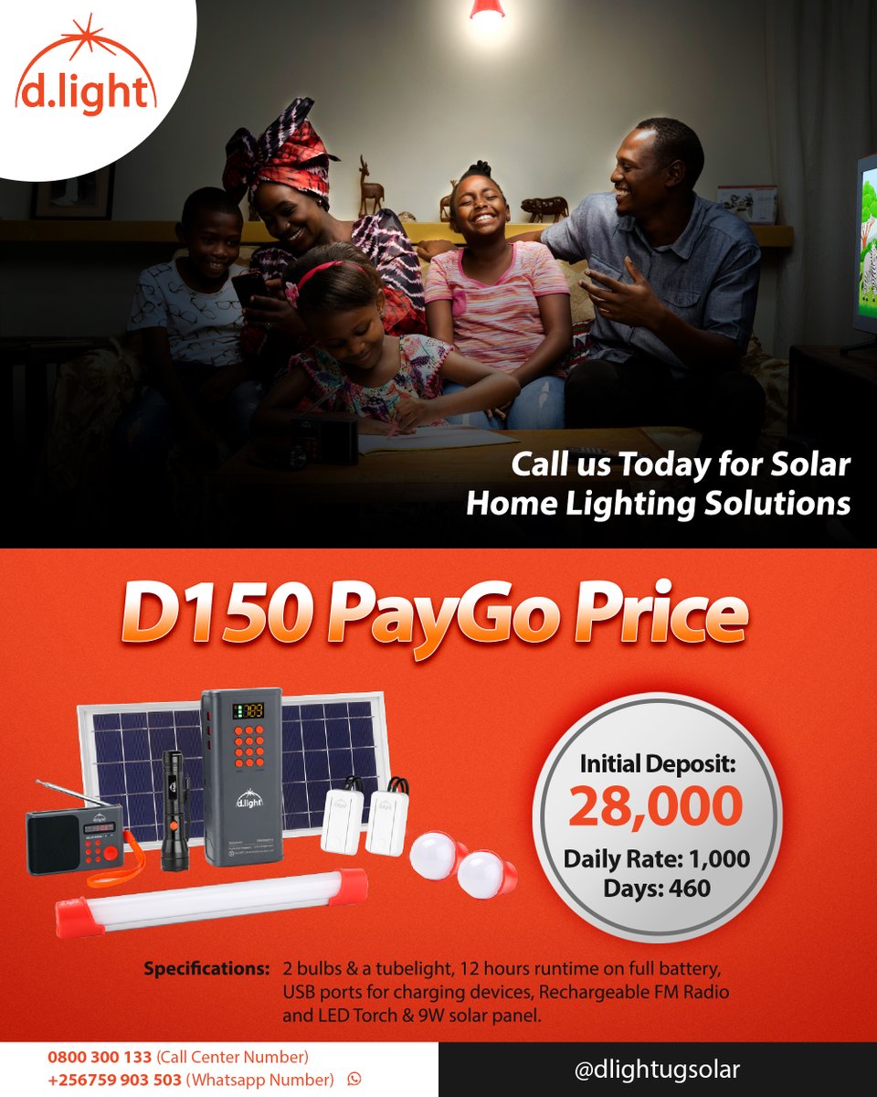 The #D150 comes with 2 Bulbs & a Tube light, USB Ports, 9W solar panel Rechargeable FM Radio and LED Torch allowing you to always stay lit and entertained.

Call #dlight today for solar home lighting solutions