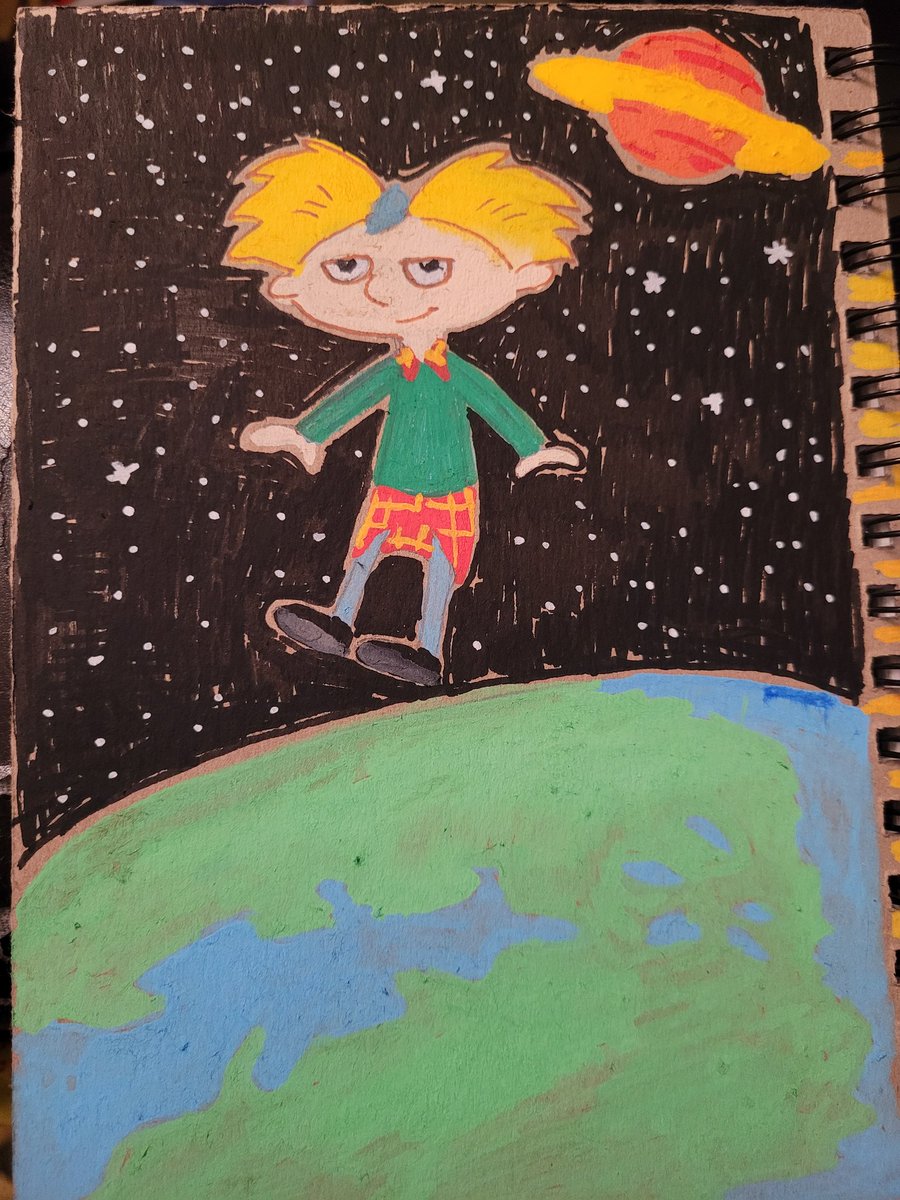 Daydreaming Arnold in space. He loves the view from up there! Colored it with poscas on back of my sketchbook. Really like how he was a big daydreamer in season 1. 
#heyarnold #opthepatakis #operationthepatakis #heyarnoldfanart #fanart #90scartoons #90cartoons #90scartoon