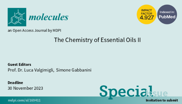 Molecules_MDPI's tweet photo. 📢 New Special Issue Open: "The Chemistry of Essential Oils II" warmly welcoming new submissions.
✏️ Guest edited by Prof. Luca Valgimigli and Simone Gabbanini
🔗https://t.co/bY9jHGB0s3
📌 #naturalproducts #essentialoils #bioactivemolecules #extraction #analysis https://t.co/zLd3gx5mKo
