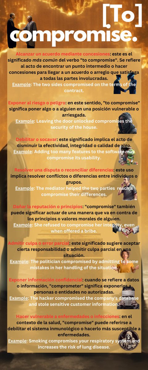 BrendanDMRyan's tweet photo. Los multiples significados de '(to) compromise', una palabra en #inglés que suele confundir 👇