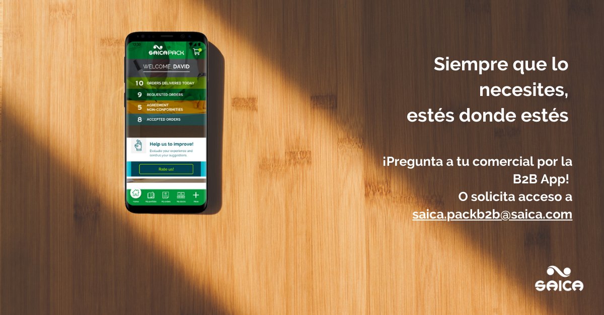 SaicaGroup_es's tweet photo. ¡El trabajo duro dio sus frutos! La #B2BApp de Saica Pack resultó ser una herramienta #innovadora y única en el sector del #packaging.

Está disponible siempre que lo necesites, estés donde estés para:
🟢Hacer seguimiento de pedidos y existencias
🟢Descargar albaranes, facturas y fichas técnicas
🟢Realizar un nuevo pedido y repetir uno existente.
🟢Apertura y seguimiento de no conformidades y nuevos proyectos

Consulta a tu comercial o solicita tu acceso a saica.packb2b@saica.com