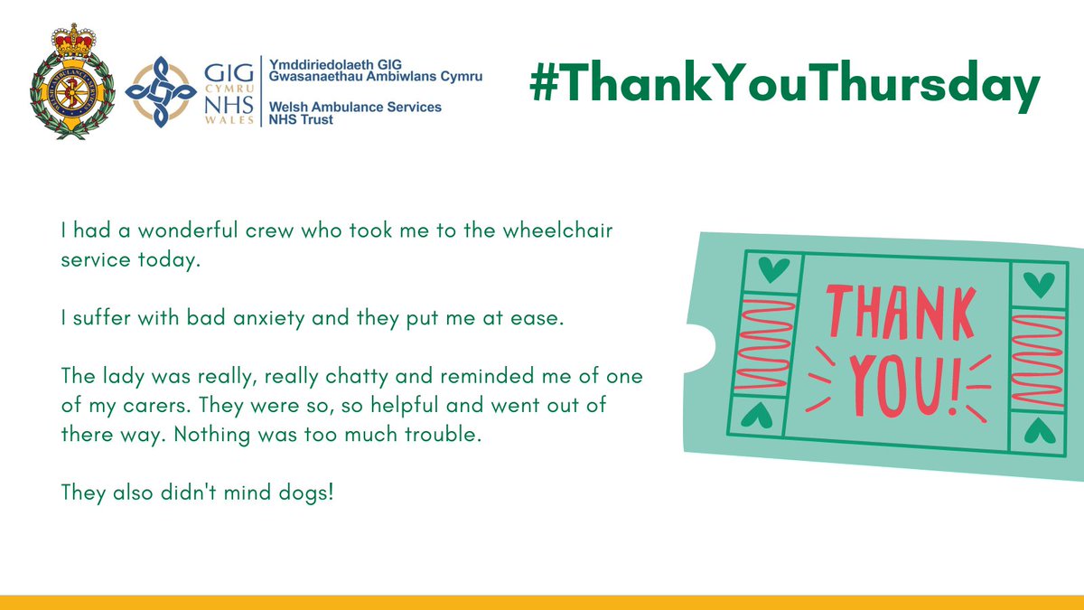 Thanks are shared today from a service user of the Non-Emergency Patient Transport Service in Aneurin Bevan. 

The 'wonderful crew' @WelshAmbulance are described as going 'out of their way' to put the patient at ease during their journey.

#RemarkablePeople #ThankYouThursday