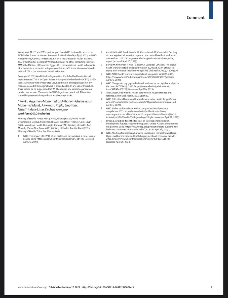 In the @LancetGH today by @DrTedros and six Ministers of health and finance: “It is time for governments and investors to prioritise health and care workforce investments as a foundation of our future health and prosperity. We can and must. Urgently.” thelancet.com/pdfs/journals/…