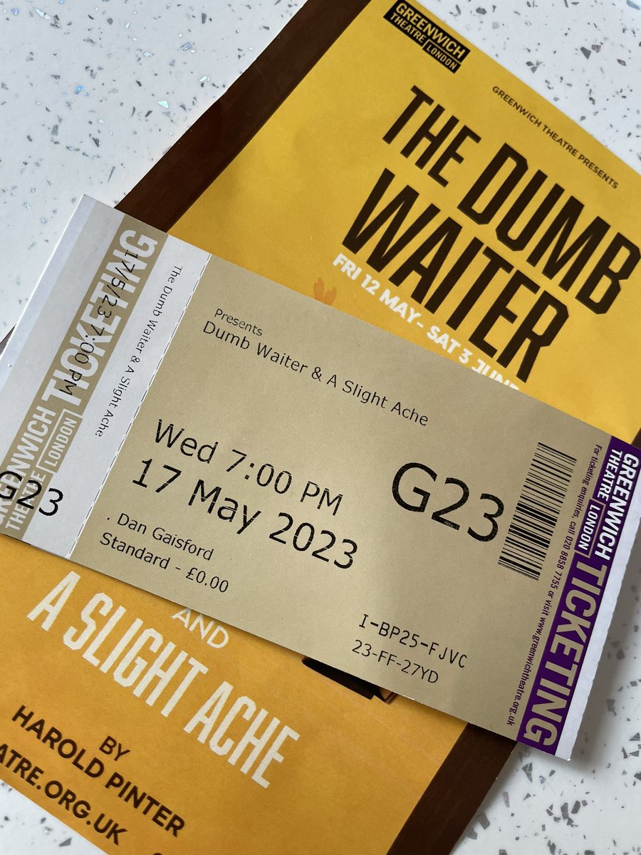 Dan_Gaisford's tweet photo. Want to see some brilliant and captivating Pinter?
I thoroughly recommend The Dumb Waiter, A Slight Ache, Greenwich Theatre, and seat G23.
Funny, sinister, and totally compelling. See it if you can.
#thedumbwaiter #aslightache #haroldpinter #greenwichtheatre https://t.co/RSG496sXxI