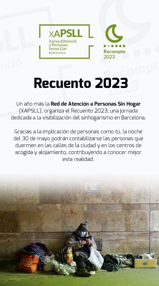 Apoyamos la causa de la <a href="/xapsllb/">XAPSLL</a> y os acercamos a esta realidad del sinhogarismo. Puedes registarte y sumar con tu ayuda para la visilización. Aquí: app.recomptebcn.cat