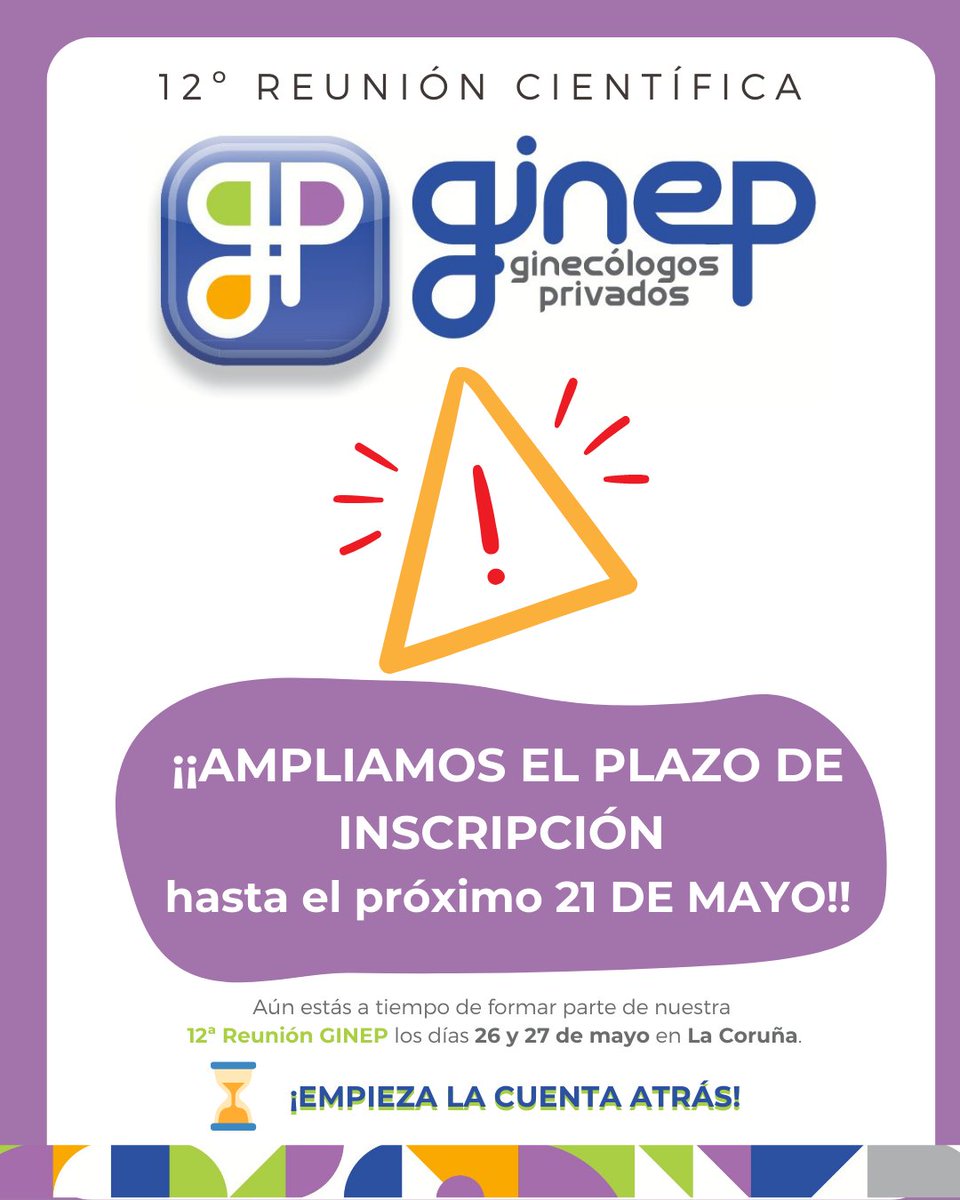 ⚠️ ¡¡Ampliamos el plazo de inscripción hasta el próximo 21 de mayo!!

Aún estás a tiempo de formar parte de nuestra 12ª #ReunionGinep.

📅 26 y 27 de mayo
📍 Palexco, La Coruña

⏳ Comienza la cuenta atrás!! 

#coruna #Galicia #GINE #ginecologia #reunion #expertos <a href="/Palexco/">Palexco</a>