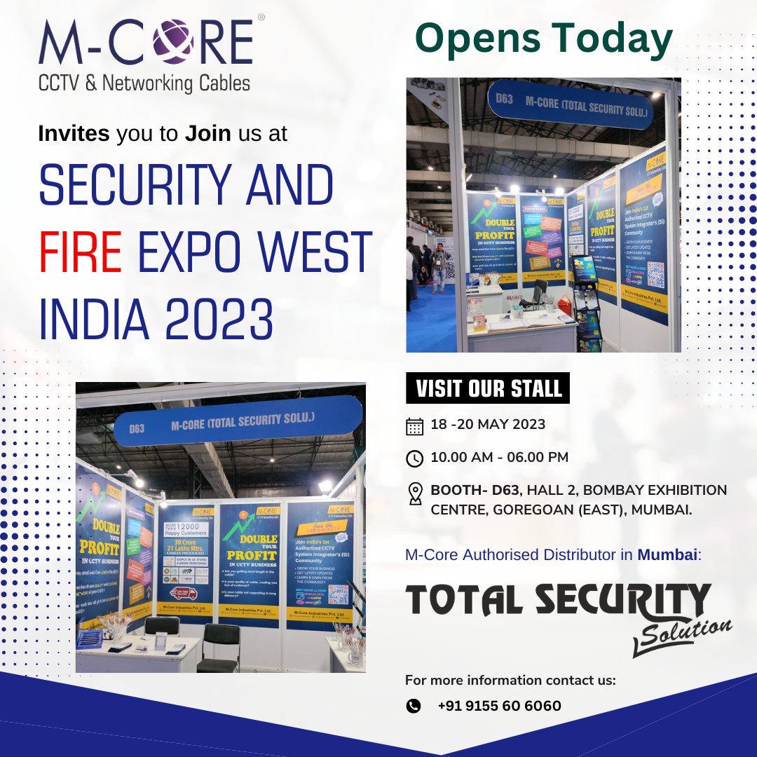mcorecables's tweet photo. Step into the #Future of Security Solutions at Security and Fire Expo West India 2023! Visit M-Core Cables' Stall to Experience the Best in #CCTV and #Networking Cables!
#westindia #Mcorecables #Mumbai #SafeWest #AVTRON #commercialsecurity #informationtechnology #ifsec https://t.co/1dzzuQPgJJ