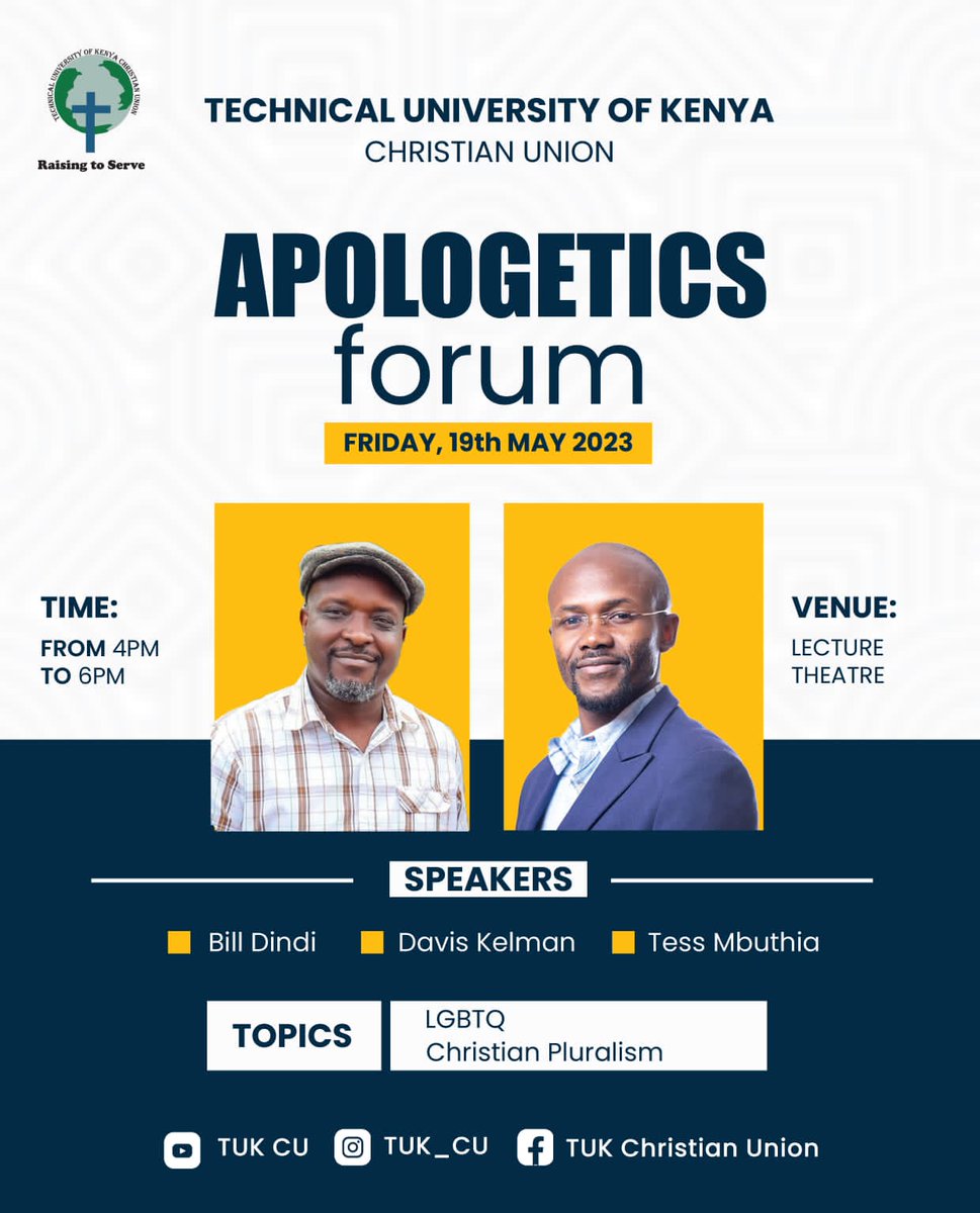 TUK_CU's tweet photo. Welcome to our apologetic forum tomorrow at the lecture theatre in TUK Nairobi opposite Times Tower https://t.co/8V0jqivLrd