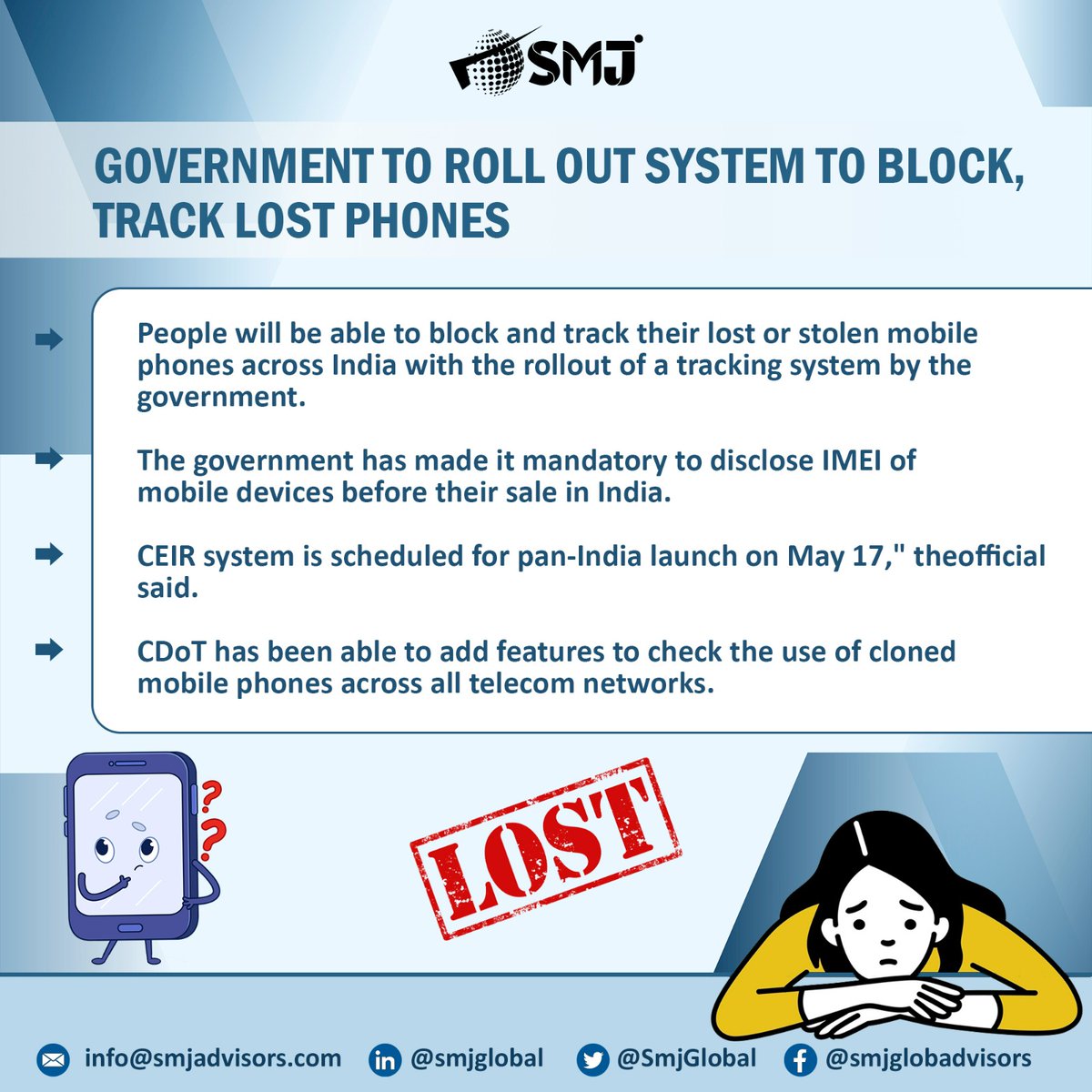 Govt. roll out system to block, Track lost phones.

#CEIR #cdo #mobilephones #panindia #imei @Governm04724925 @theicai