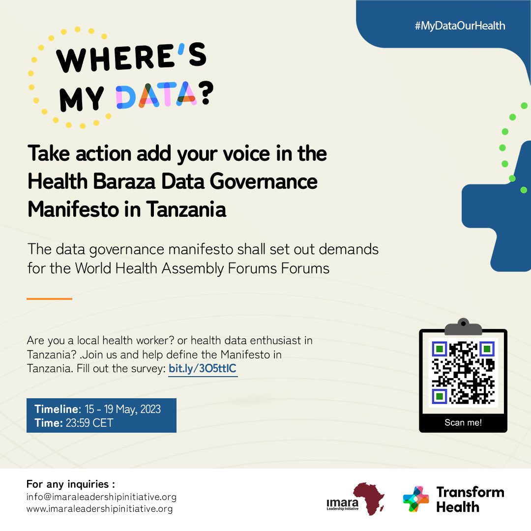 ImaraLeadership's tweet photo. Where’s my data?📈
Ahead of the #WorldHealthAssembly we are calling health workers ,parliamentarians, communities to youth in #Tanzania 🇹🇿
Add your voice & define the Health Baraza Data Governance Manifesto✊
Fill in the survey⬇️
https://t.co/E5k298ig3X
#WHO76 #HealthForAll https://t.co/guDOdheNLv