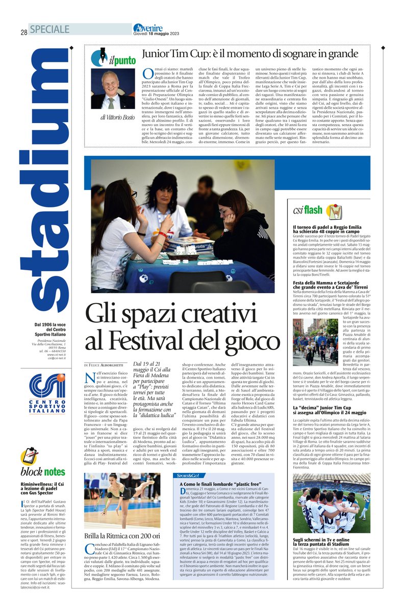 DemonEventi's tweet photo. RT @CSInazionale: Nella pagina #Stadium su @Avvenire_Nei di oggi #18maggio:

✅ Gli spazi creativi al @PLAYmodena Festival del Gioco
✅ La “decima” #JuniorTIMCup si assegna all’Olimpico il #24maggio @SerieA @TIM_Official
✅ Sugli schermi in Tv e online … https://t.co/0e77Ha442I
