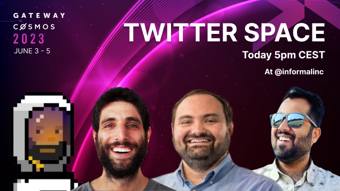 Gateway_Conf's tweet photo. Cosmonauts, get ready💥
Join #InformalSpaces, @Ali_the_Curios, @buchmanster, @Thyborg_ and @EmiT87 discuss:
👉 CometBFT and its origins
👉 Future plans for @informalinc
👉 preview of @Gateway_Conf
Join us TODAY at 5pm 👇
https://t.co/ecPYxV44Yf https://t.co/htN7qLV15s