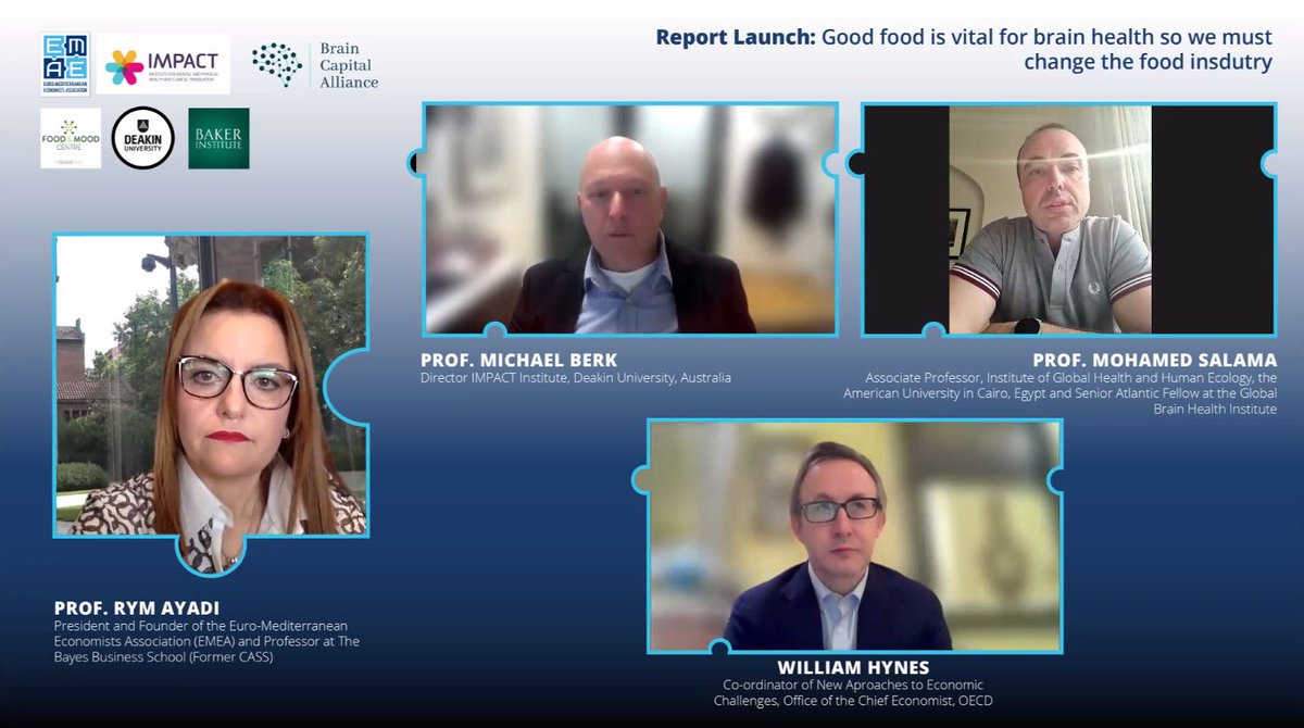 Discussing now at the @EMEAorg webinar “Good food is vital for #brainhealth so we must change the #foodindustry”: Prof. Michael Berk MD PhD, Director @IMPACTDeakin, Prof. Mohamed Salama - @Mohamed03966736, @AUC @GBHI_Fellows William Hynes, Coordinator @OECDglobal NAEC