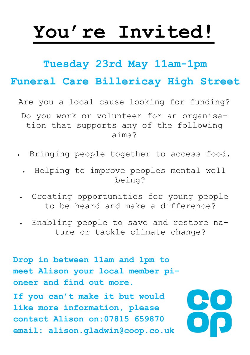 Are you a local cause in #Billericay looking for funding?
Come along to our drop in on 23rd May to find out more about our Local Community Fund.
<a href="/JackWcoop/">Jack Williams</a> <a href="/ElEdrissi/">Hamid</a> @bbw_cvs