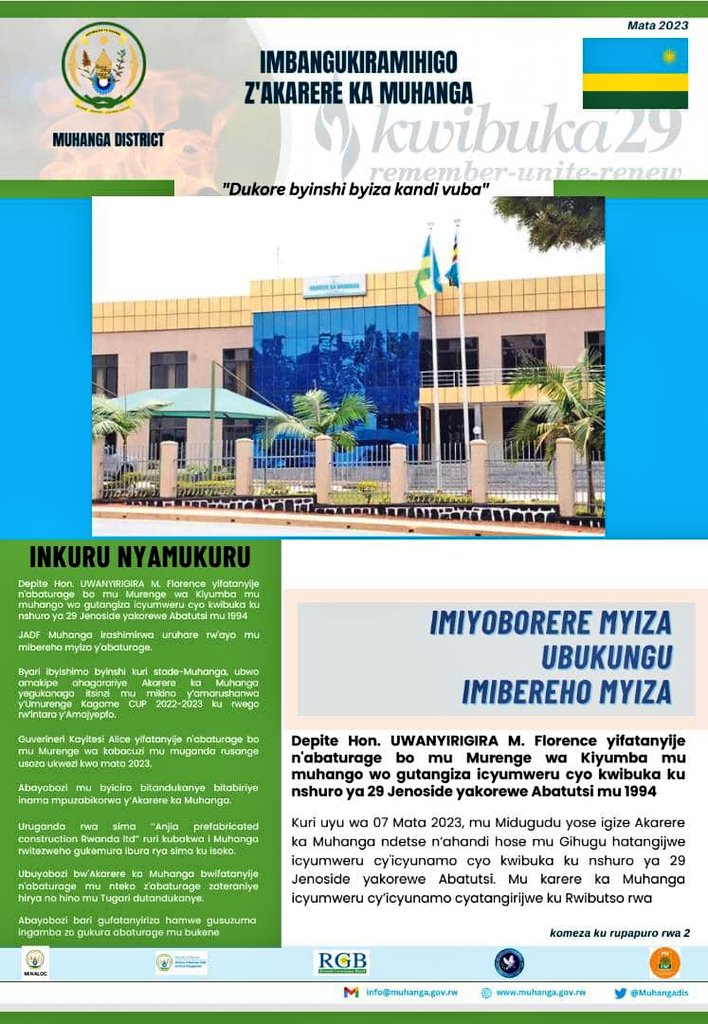 Muhangadis's tweet photo. #MBANGUKIRAMIHIGO;

Mushobora gukanda hano https://t.co/WFlmoke9XW, mugasoma amakuru atandukanye y'ibikorwa byaranze Akarere ka Muhanga mu kwezi kwa Mata 2023.

#DukoreByinshi #ByizaKandiVuba 

@RwandaLocalGov @RwandaSouth @KAYITAREJacky @Gilmugabo @UWINGABIREDodos @NshimiOctave https://t.co/K0jDQfaG52