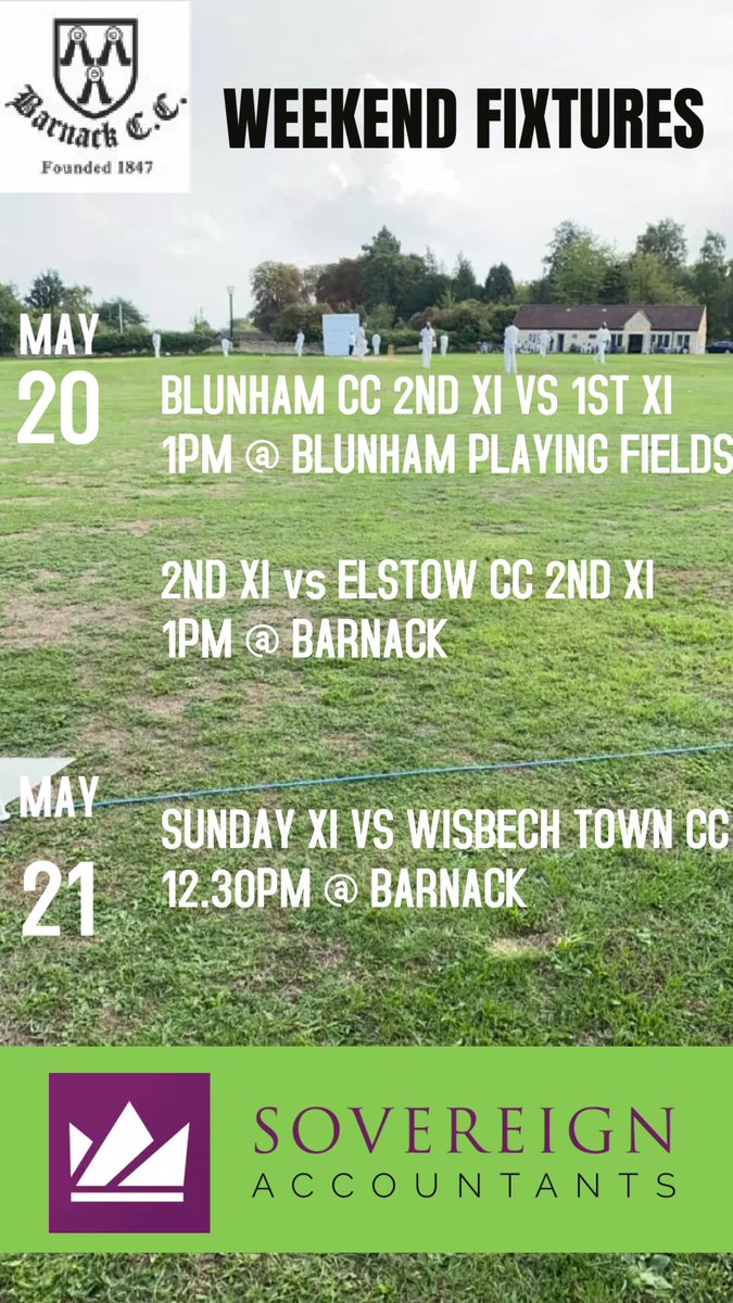 Weekend fixtures 🏏

Now its the 1st XI turn to face <a href="/Blunham_CC/">Blunham Cricket Club</a> as we look to build on last weeks win.

Its also the 2nd XI turn to face <a href="/elstowcc/">Elstow Cricket Club</a> in Hunts 4 and looking to make it back to back wins too. 

Sunday XI host <a href="/WisbechCC/">Wisbech CC</a> in Rutland 1, looking for a 3rd consecutive win