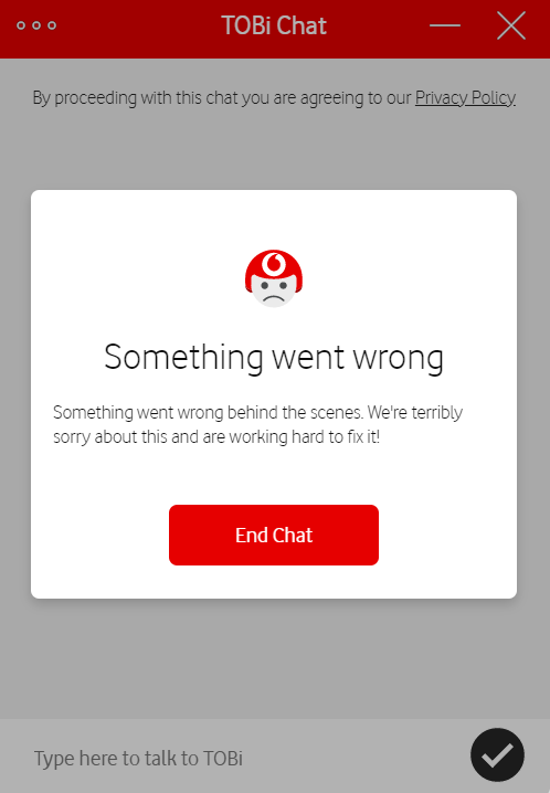 Nonboardski's tweet photo. @VodafoneUK Your phone chatbots refuse to let me speak to a human, your online chatbots are on strike. Being out of contract Id have thought you would want to chat. crap #customerservice https://t.co/W6BVSDZb3V